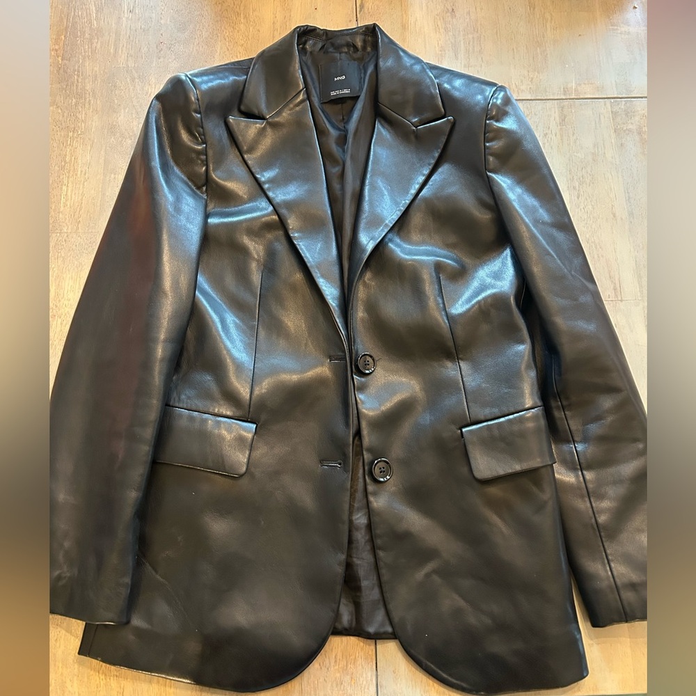 Mango Black Faux Leather Tailored Blazer Jacket Dark Academia Women Medium M - Picture 5 of 16